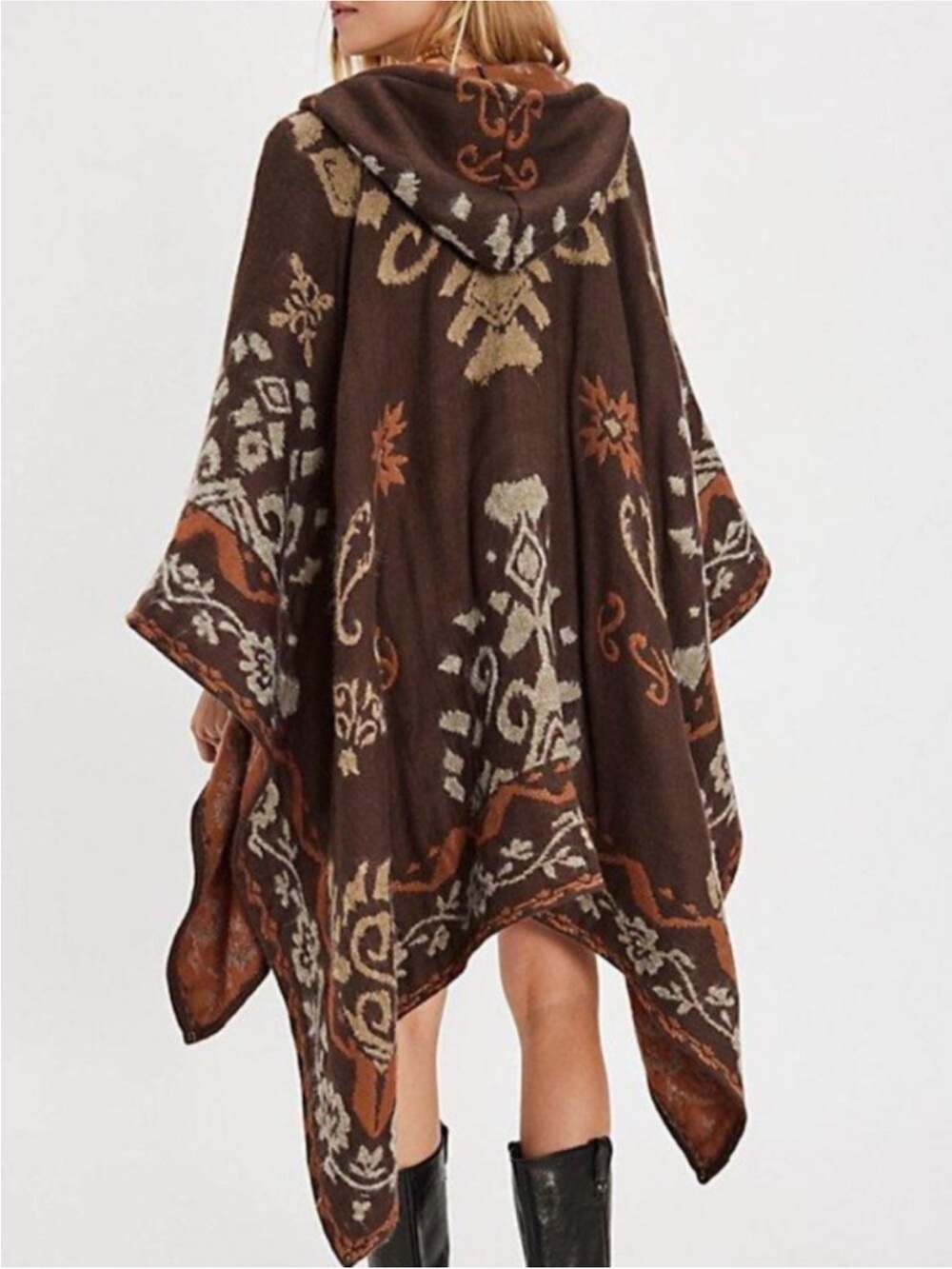 Free People Brown Hooded Boho Patterned Poncho with Rust and Cream Accents